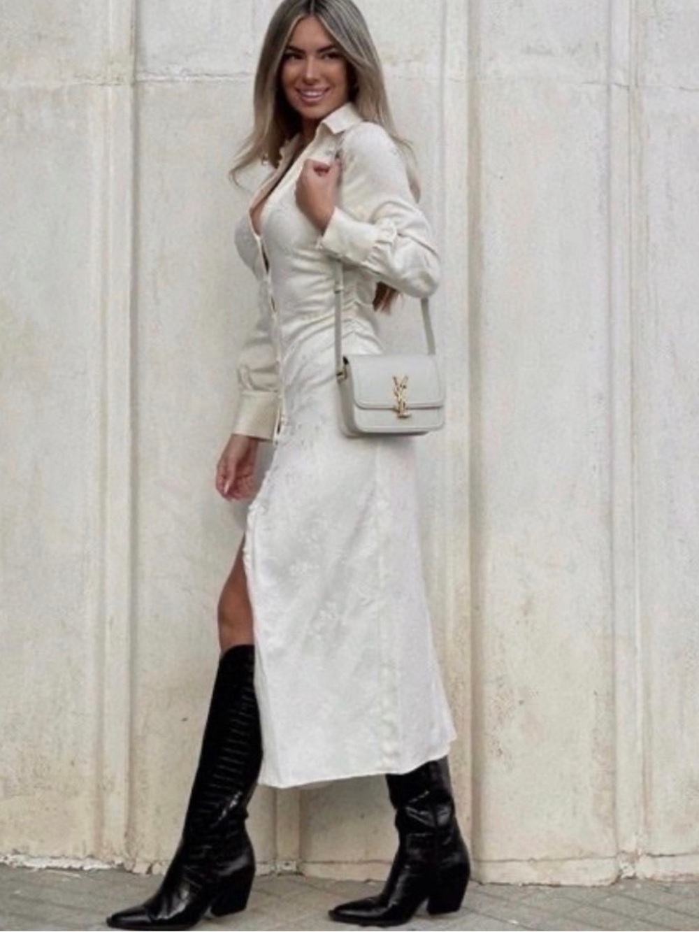 Ivory Button-Front Midi Dress